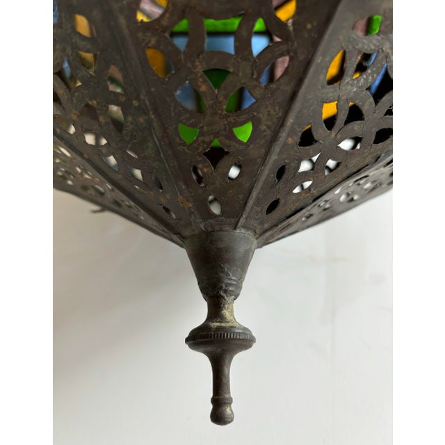 Large Vintage Moroccan Moorish Lantern Pendant Light With Multi-Color Glass and Hand Cut Metal For Sale - Image 11 of 12