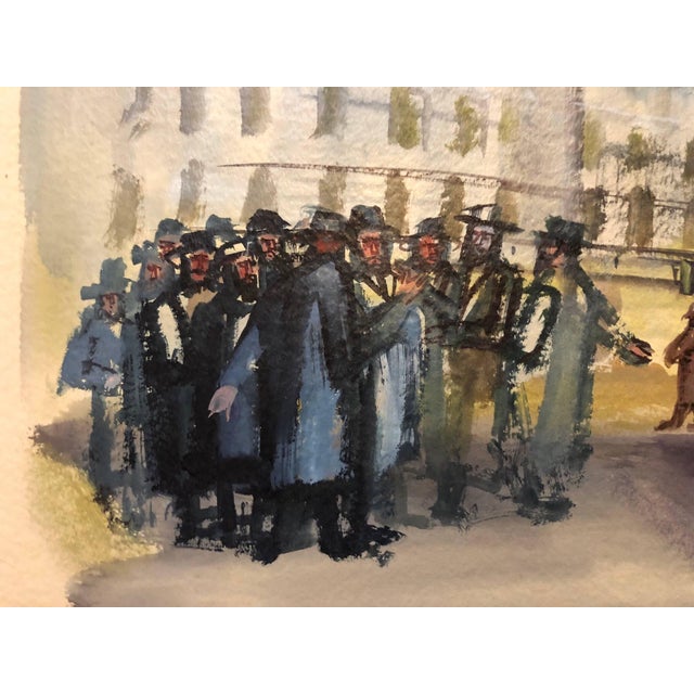 1970s Ervin B. Nussbaum, Modernist American Judaica Painting Jewish Men Outside Synagogue Eastern Parkway For Sale - Image 5 of 7
