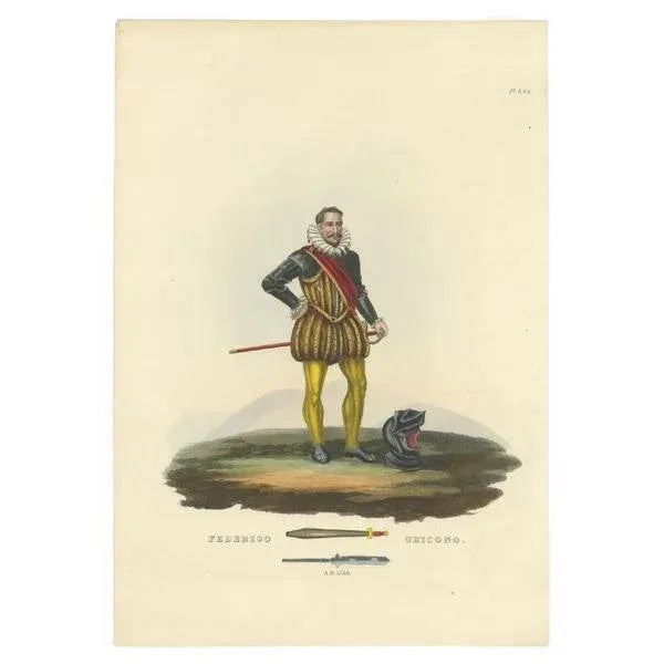 Antique print titled 'Federigo Oricono'. Old print of Federigo Oricono in a suit of armour with silk surcoat in plush...