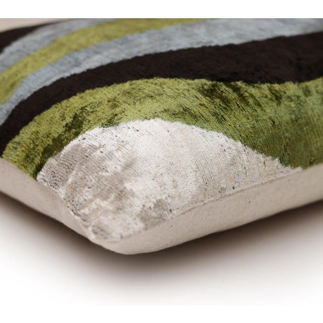 Mid-Century Modern Handmade Olive Green & Charcoal Ikat Velvet Lumbar Pillow 16x24 | Modern Organic Accent For Sale - Image 3 of 8