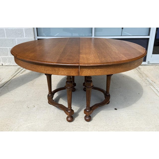 Wood 7 Piece j.b. Van Sciver Co. Refinished Antique Oak Round Dining Set With Two Leaves For Sale - Image 7 of 18