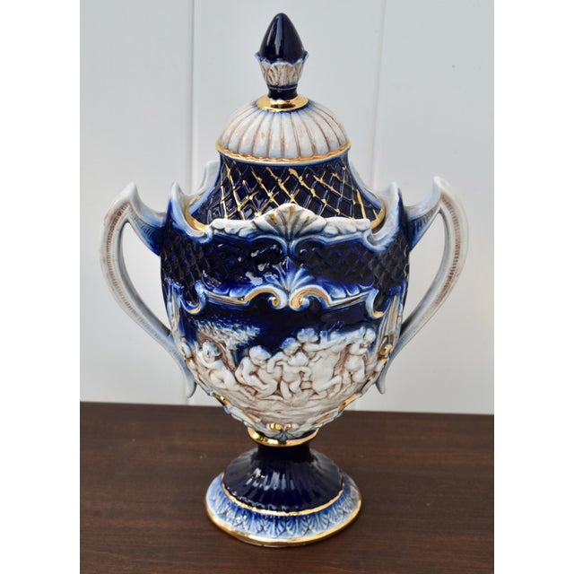 Italian Ceramic Lidded Urn Capodimonte Cobalt Blue Gold Relief Cherubs 70s For Sale - Image 9 of 16