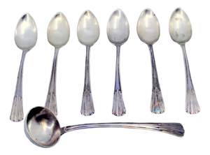 Teaspoons and Sugar Shovel in Silver with Handle Reliefs, Set of 6