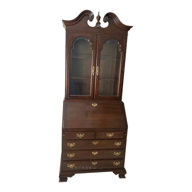 Late 20th Century Ethan Allen Georgian Court Cherry Georgian Secretaire With Drop Front Desk/Chest and Bookcase/Curio Top For Sale