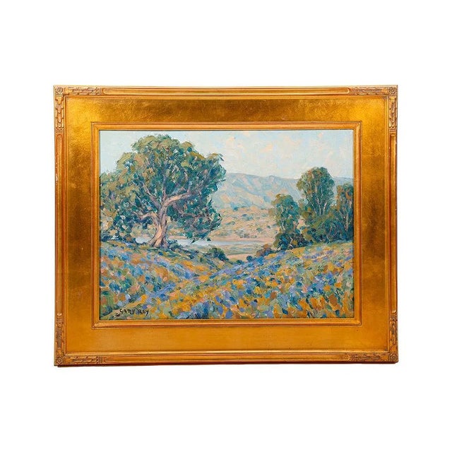 Blue 2000s Gary Ray Plein Air Painting Oil Board Gilt Wood Frame California Impressionism Landscape Signed For Sale - Image 8 of 8