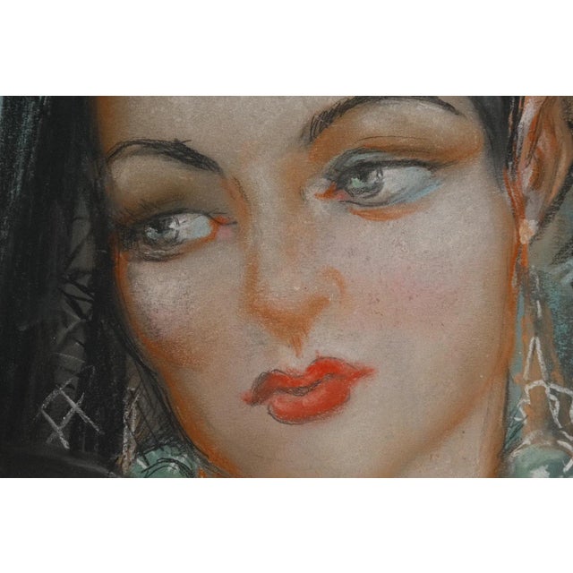 Black Pastel Portrait of a Woman in a Black Lace Mantilla, Signed R. Casas, Reframed With Museum Glass For Sale - Image 8 of 14