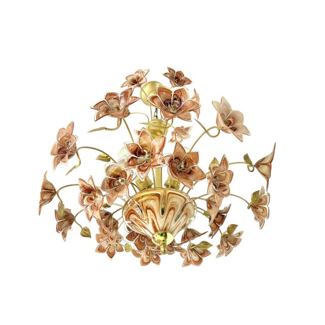 Large Murano Style Brown Flower Bouquet Chandelier With 4 E27 Bulbs. Hand-Blown Glass Flowers, Restored , Rare Italian Vintage For Sale - Image 6 of 17