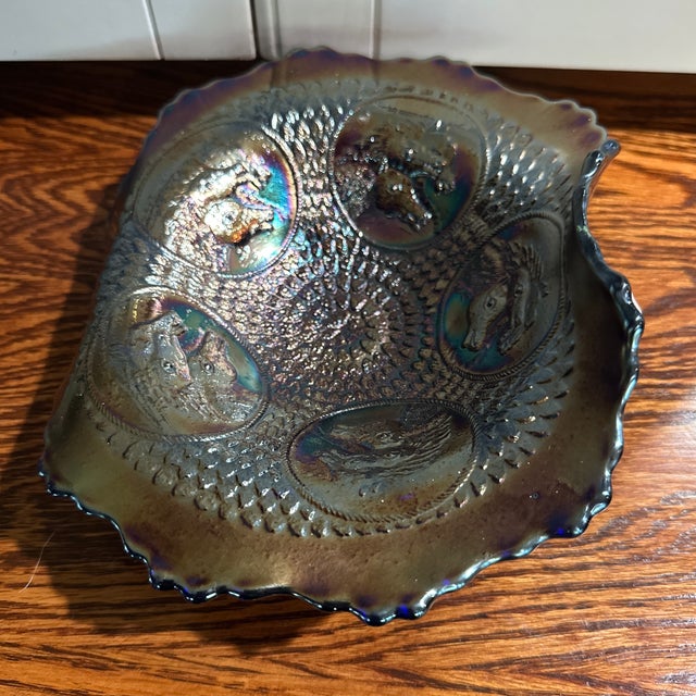 Blue 1940s Fenton Horse Medallion Purple/Blue Carnival Glass Small Candy Dish/Bowl For Sale - Image 8 of 11