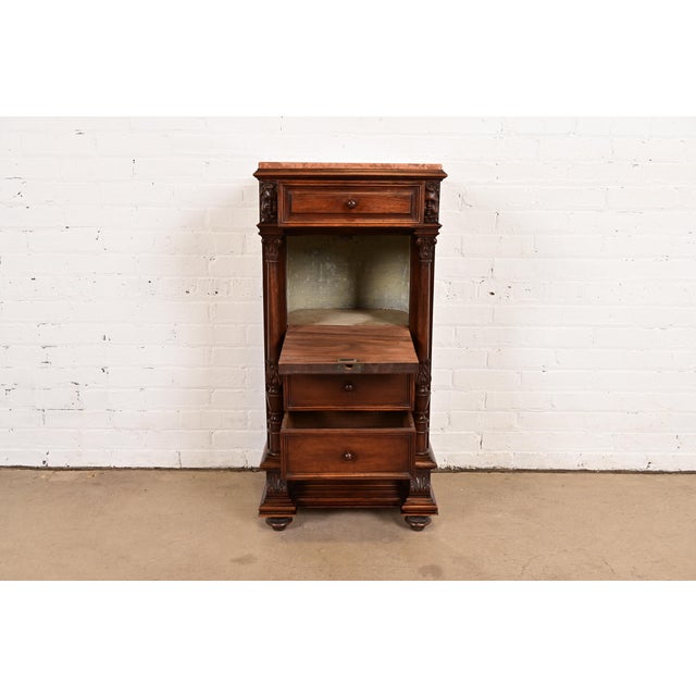 Late 19th Century Antique Italian Renaissance Revival Carved Walnut and Marble Top Bedside Chest, Circa 1880s For Sale - Image 5 of 12