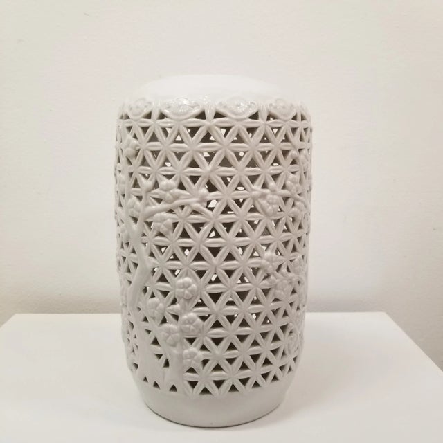 This mid-century Japanese Blanc de Chine reticulated Chinoiserie vase features a delicate lattice openwork design...