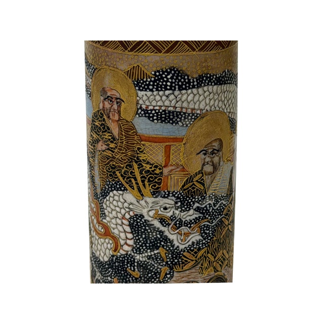 Ceramic 4.75"Asian Satsuma Style Cylindrical Figures Painted Porcelain Art Vase For Sale - Image 7 of 11