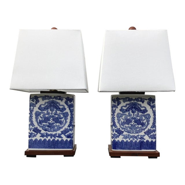 Ralph Lauren Blue and White Koi Fish Square Lamps a Pair Chairish