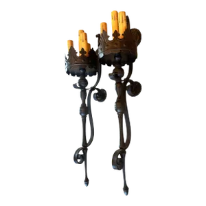 Pair of Large Iron and Brass Spanish Torch Design Wall Sconces, Circa 1920