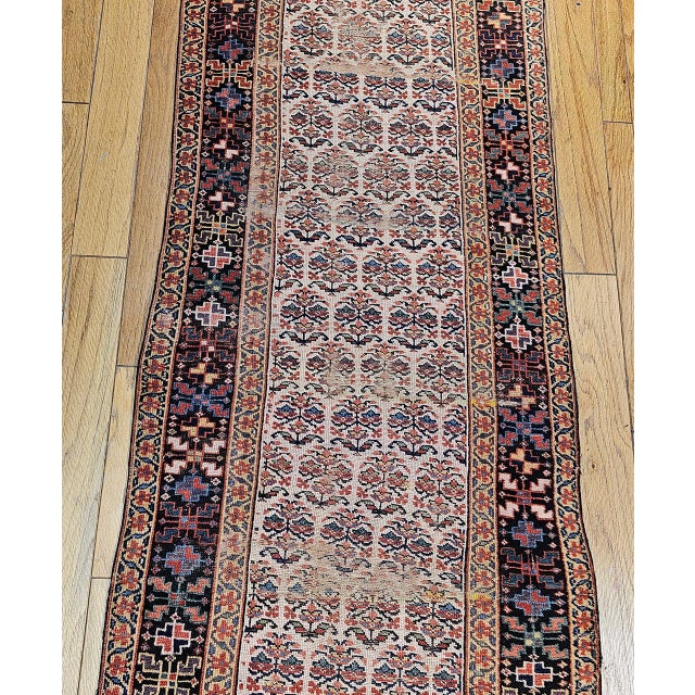 Textile 19th Century Persian Bidjar Runner, Hand-Knotted Wool, Allover Paisley Pattern, Ivory & Navy, 3x13 For Sale - Image 7 of 14