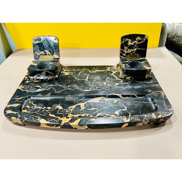 Stone Italian Art Deco Portoro Marble Double Inkwell Desk Set, Early 20th Century For Sale - Image 7 of 7