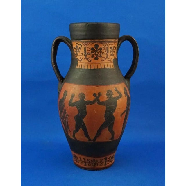 1970s Large Greco-Roman Style Hand-Decorated Ceramic Terracotta 2-Handled Amphora Vase, 1975 For Sale - Image 5 of 18