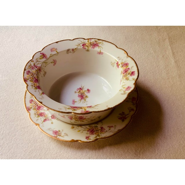 Limoges Floral Soufflé Bowl With Underplate, Gilt Scalloped Rim | Elite Works | C. 1900 For Sale - Image 12 of 18