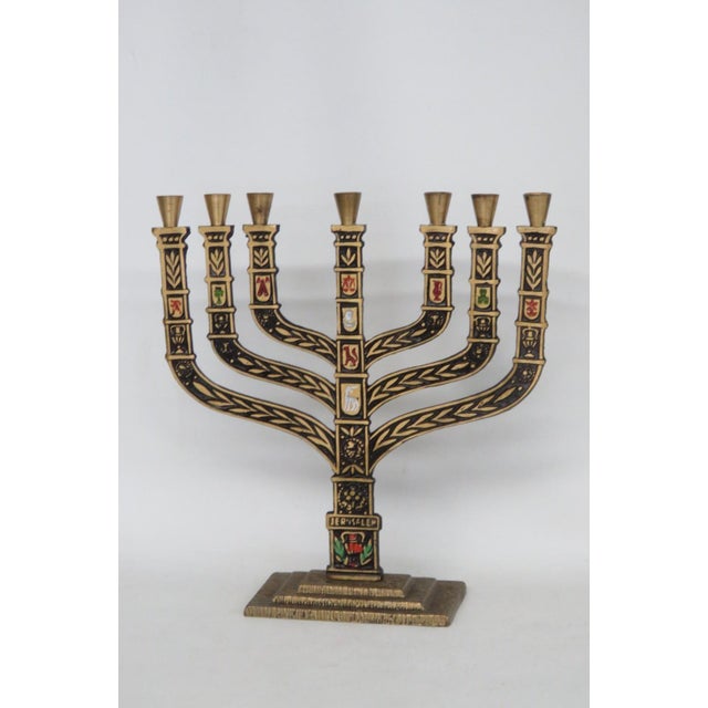 Brutalist Jerusalem Seven Branch Brass Menorah Enamel Shields 12 Tribes of Israel 4504b For Sale - Image 3 of 14