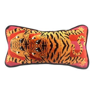 Double Tiger Lumbar Pillow in Schumacher Jokhang Velvet / Red & Pink For Sale