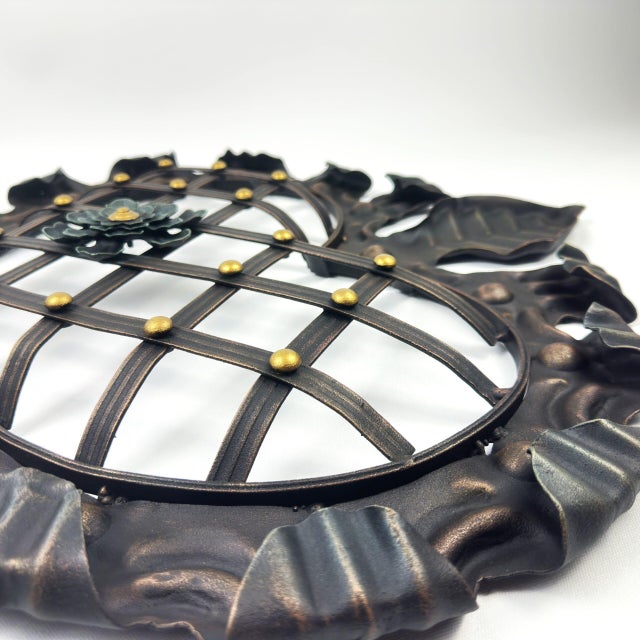 Metal Hand-Forged Wrought Iron Heart Wall Decor (Ruffled Edge & Lattice Design) Antique Copper Finish For Sale - Image 7 of 9