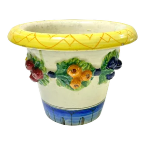 1970s Italian Majolica Terra Cotta Cachepot Planter With Fruit Garland