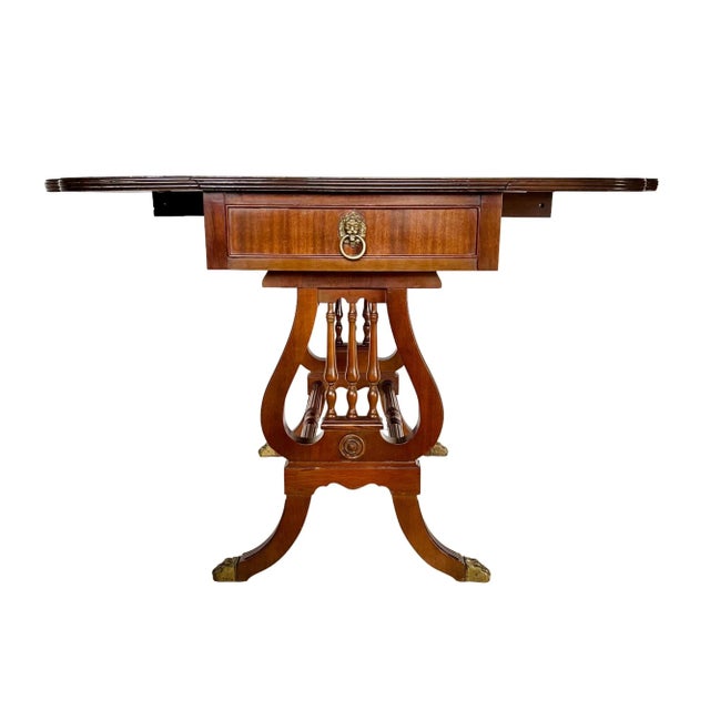 Wood Regency Mahogany Drop-Leaf Table With Lyre Design, Circa 1945 For Sale - Image 7 of 12