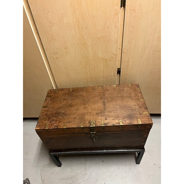 Antique Wooden Storage Chest on Metal Stand For Sale - Image 4 of 12
