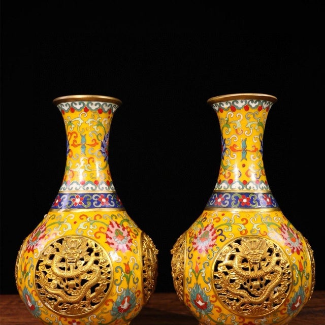 Monumental Chinese Imperial Style Cloisonné Vase With Gilt Openwork Dragon Panels - 13.5 LBS For Sale - Image 4 of 9