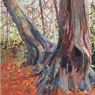 Life Long Friends Rooted In History by Deb Komitor | Gouache on Paper mounted on Wood Panel Trees in a forest setting with colorful foliage. For Sale