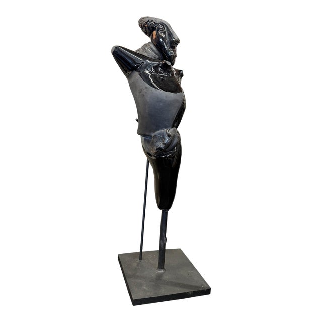 Early 20th Century Pilchuck School Carved Art Glass Figure Mounted on Iron Base For Sale
