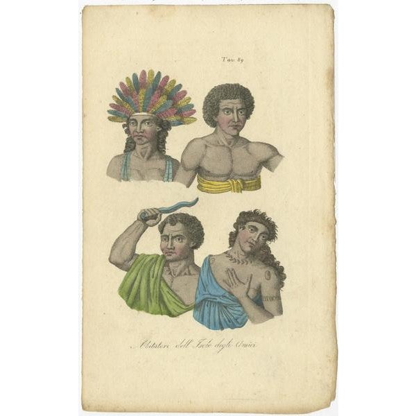 Antique print titled 'Abitatori dell' Isole degli Amici'. Hand-colored original antique print of natives of Tonga...