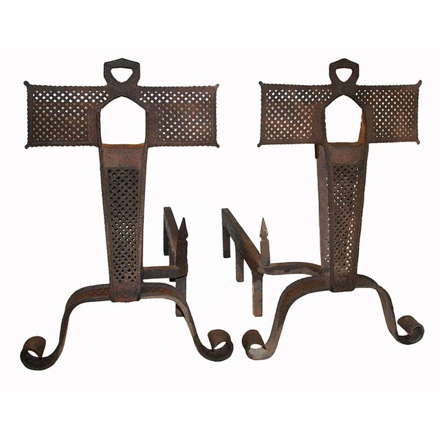 Arts & Crafts Andirons Antique With Perforated Metalwork - A Pair For Sale - Image 3 of 3