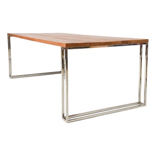 Large Industrial Dining Table Wood and Chrome Base, 1990s For Sale