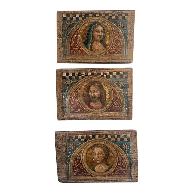 19th C. Religious Inspired Painted Wooden Plaques For Sale