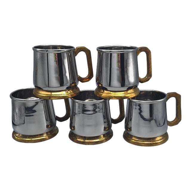 LastChance!Vintage J S T Brass & Stainless Beverage Mugs - Set of 5 For Sale