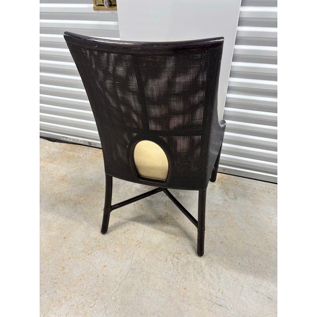 Late 20th Century 6 Barbara Barry, McGuire, Oval Back Cane and Rattan Dining Chairs. Chairs Have a Tobacco Black Rattan Frame With Upgraded Tan Linen Upholstery. For Sale - Image 5 of 9