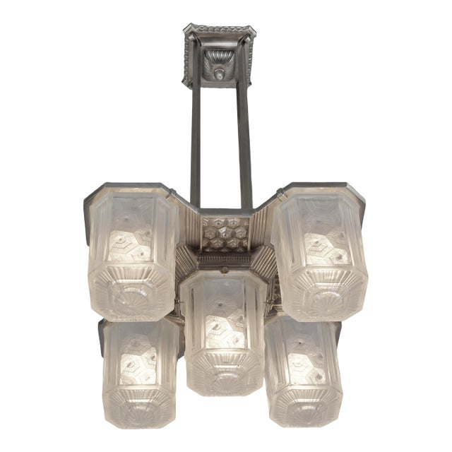 Hettier & Vincent French Art Deco Chandelier 1930s - Geometric Glass & Nickeled Bronze For Sale