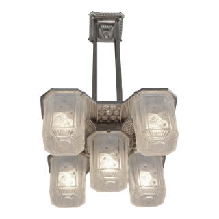 Hettier & Vincent French Art Deco Nickeled Bronze 5-Light Cube Chandelier - 1930s For Sale