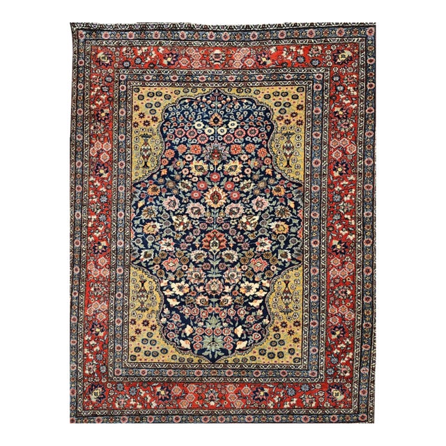 Vintage Persian Tabriz Area Rug, Hand-Knotted Wool, Floral Pattern, Navy & Red, 4x6 For Sale