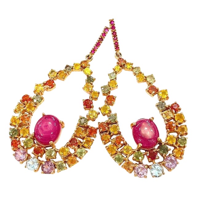 Bochic “Capri” Vintage Ruby & Multi Fancy Sapphire Earrings-18K Gold & Silver For Sale