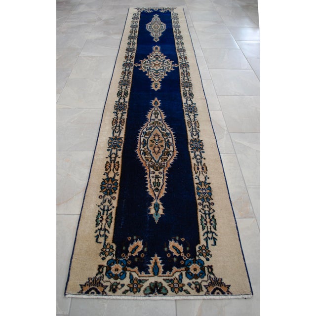 1960s Hand-Knotted Runner Rug Navy Blue Rustik Hallway Decor Oushak Rug 3x11 Ft Approx For Sale - Image 5 of 13