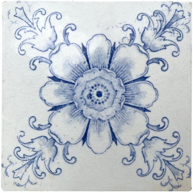 1920s Art Deco White and Blue Flower Glazed Tiles by Le Glaive, 1920 For Sale - Image 5 of 14