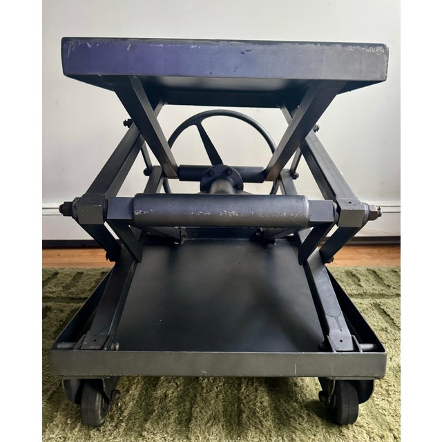 Metal Restoration Hardware Scissor Lift Table Black Steel 14”-42.5” High, 19.5x31” Table Top For Sale - Image 7 of 12