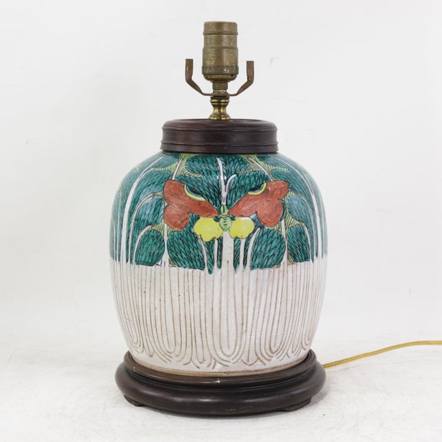 Antique Famille Rose Bok Choy Porcelain Table Lamp With Cabbage Leaf and Butterfly Motif For Sale - Image 4 of 13