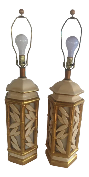 Vintage Hollywood Regency Ceramic Faux Bamboo Gilt Lamps - a Pair