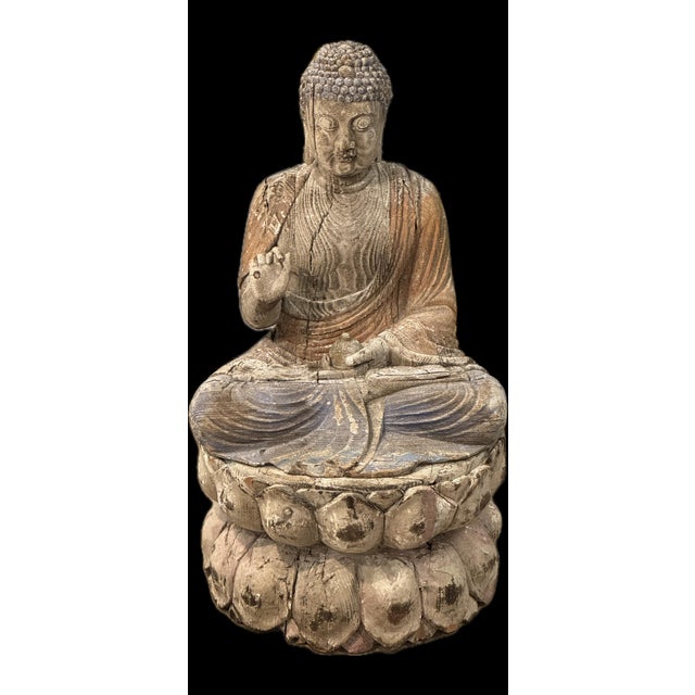 Wood Antique Chinese Polychrome Wood Buddha on Double Lotus Base Large 42” For Sale - Image 7 of 10