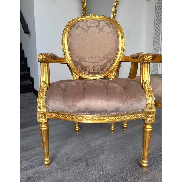 French 1990s French Style Light Brown Tan Velvet Chair Set With Gold Leaf Details For Sale - Image 3 of 9