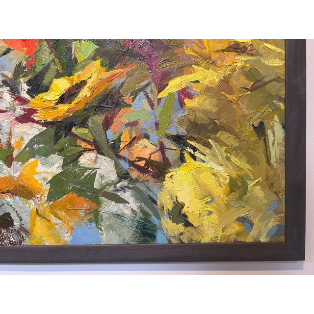 Sunflowers II by Yana Beylinson | Oil on Canvas Still life of sunflowers and roses. For Sale - Image 4 of 5
