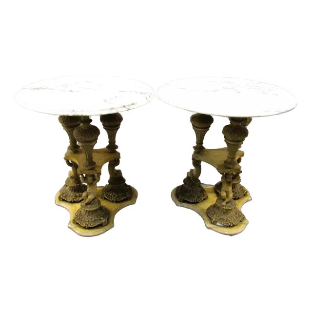 1940s Pair of Italian Regency Florentine Marble Top Side Tables With Triple Cherub Base For Sale