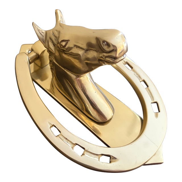 Vintage Equestrian Cast Brass Horse Head Horseshoe Door Knocker For Sale